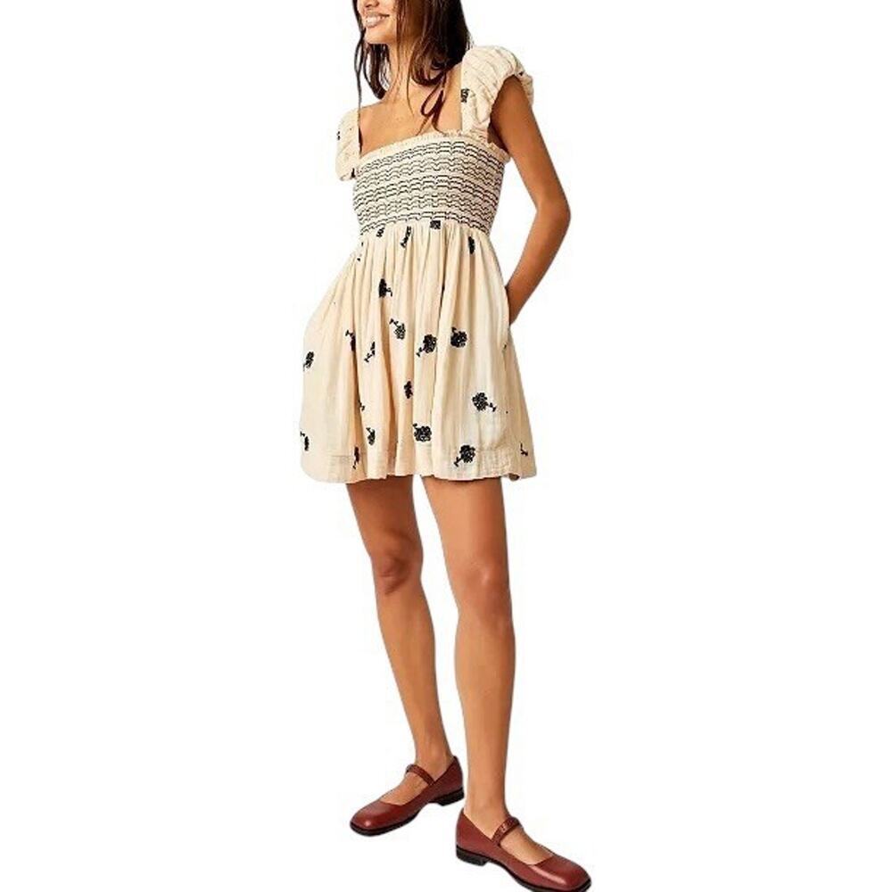 Free People Tory Embroidered Mini Dress Smock Bodice Medium